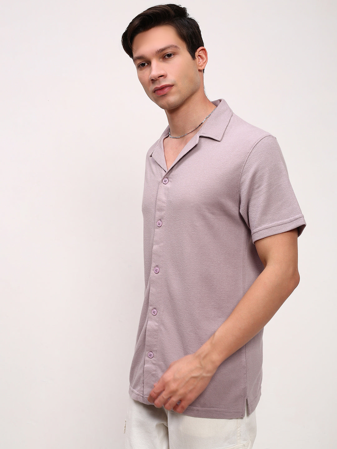 Men Lavender Solid Cuban Collar Shirt