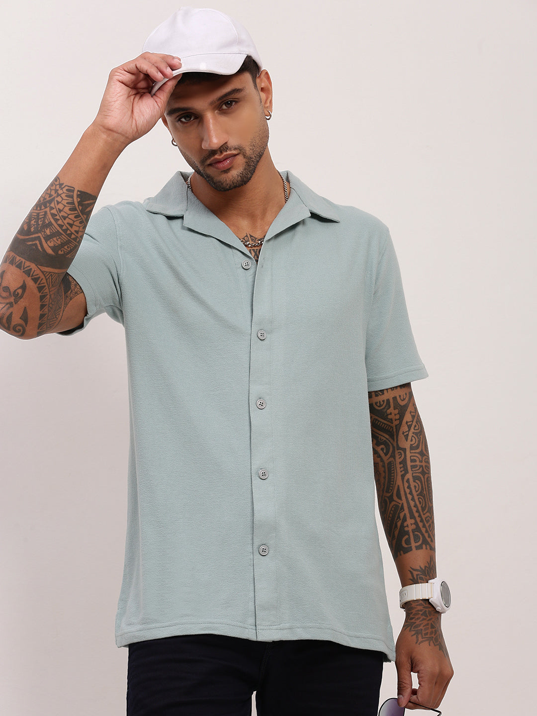 Men Sea Green Solid Cuban Collar Shirt