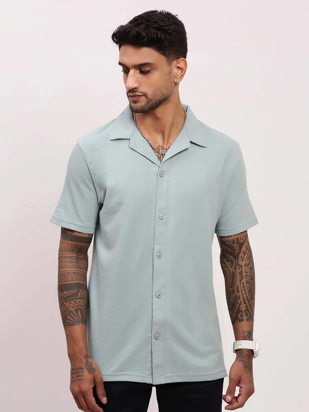 Men Sea Green Solid Cuban Collar Shirt