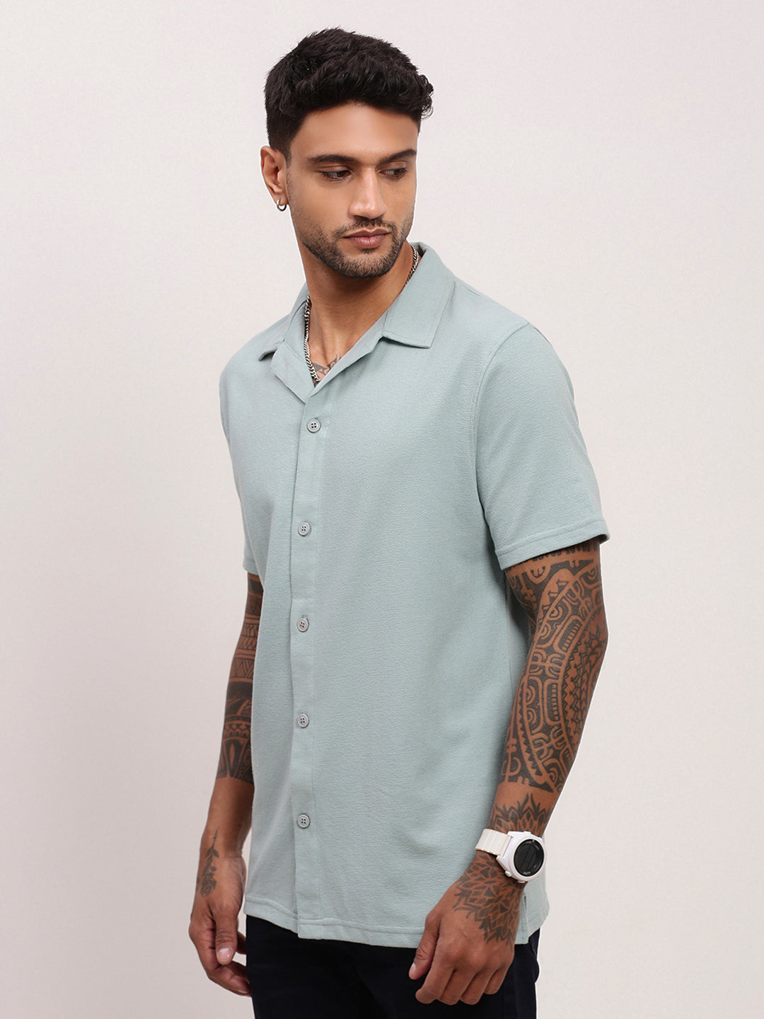 Men Sea Green Solid Cuban Collar Shirt