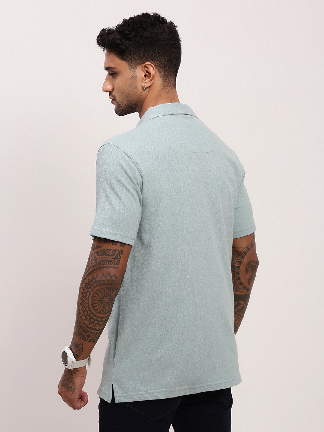 Men Sea Green Solid Cuban Collar Shirt