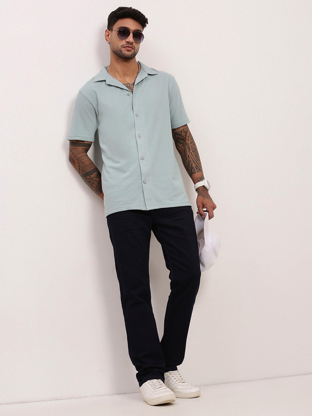 Men Sea Green Solid Cuban Collar Shirt