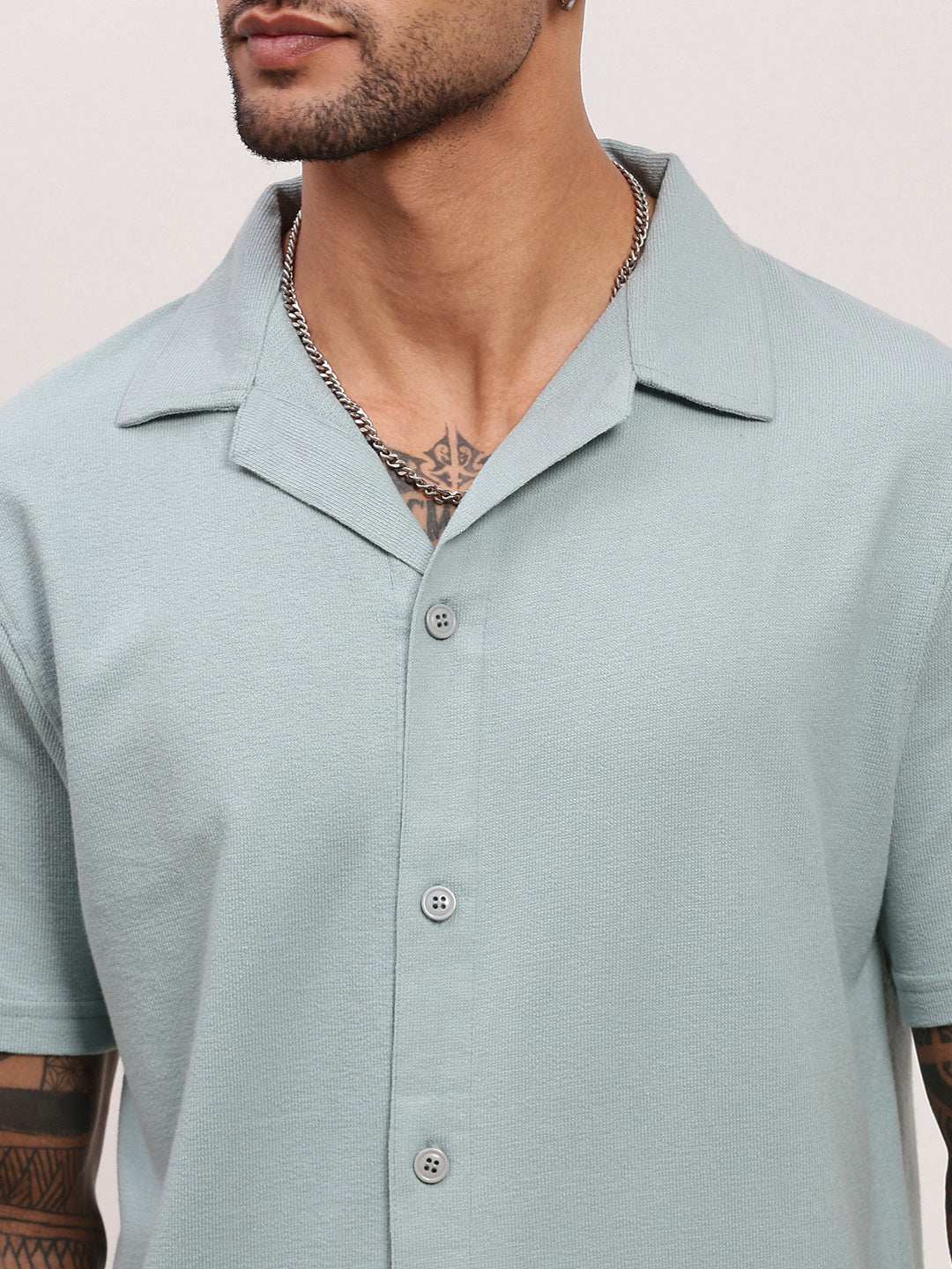 Men Sea Green Solid Cuban Collar Shirt