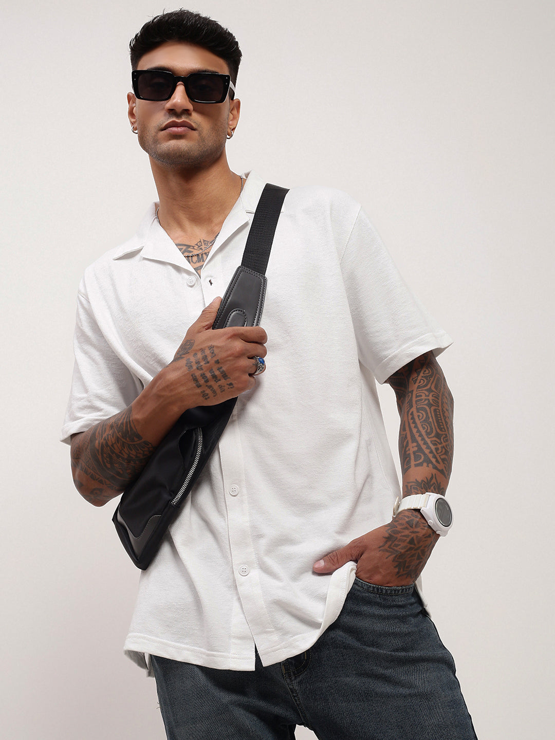 Men White Solid Cuban Collar Shirt