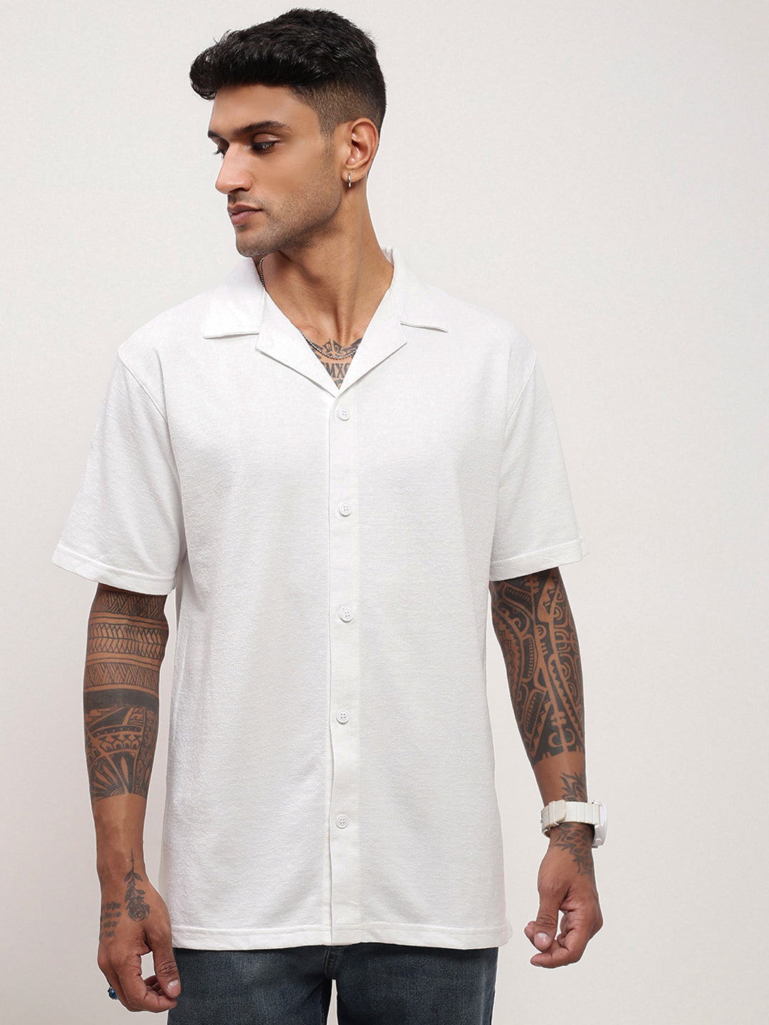 Men White Solid Cuban Collar Shirt