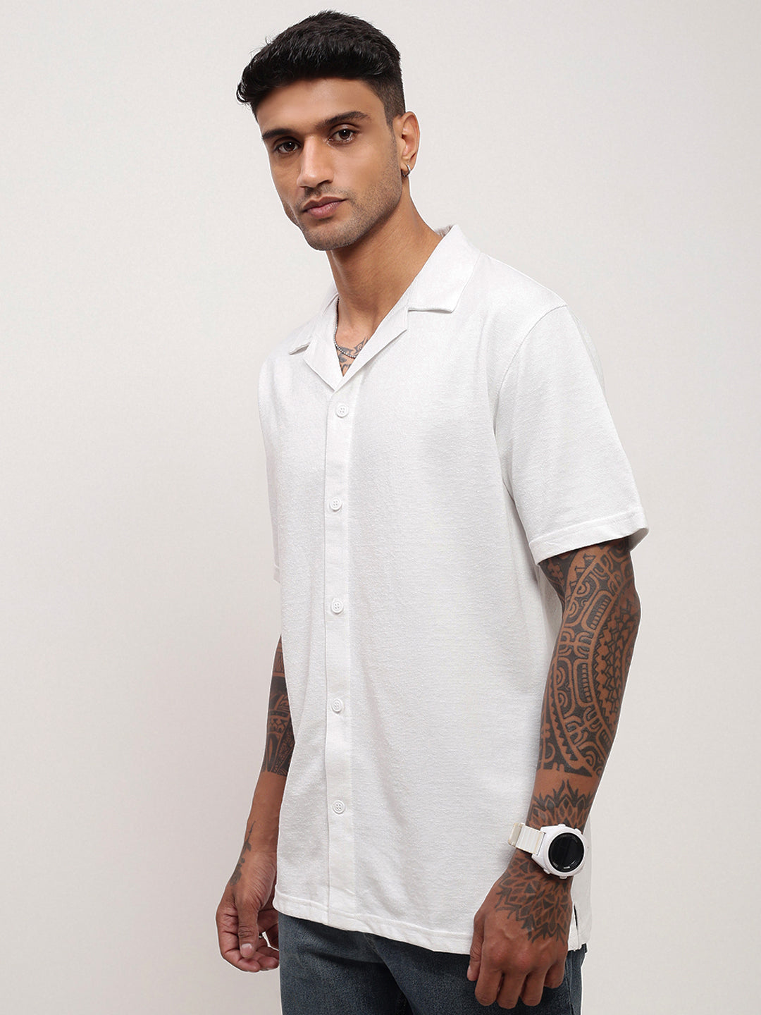 Men White Solid Cuban Collar Shirt