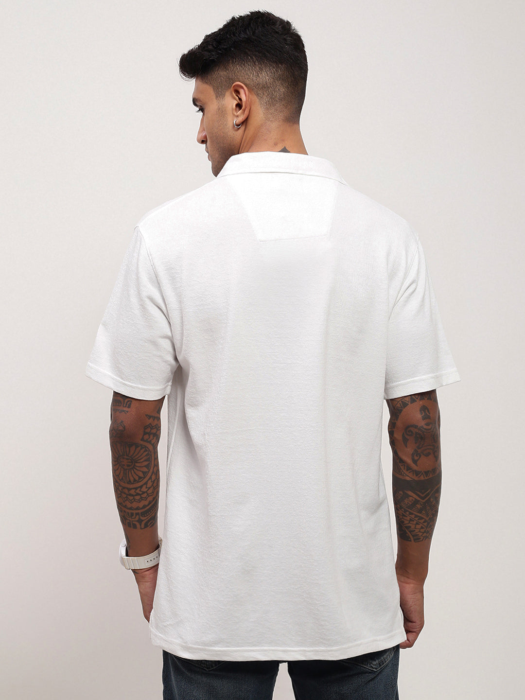 Men White Solid Cuban Collar Shirt