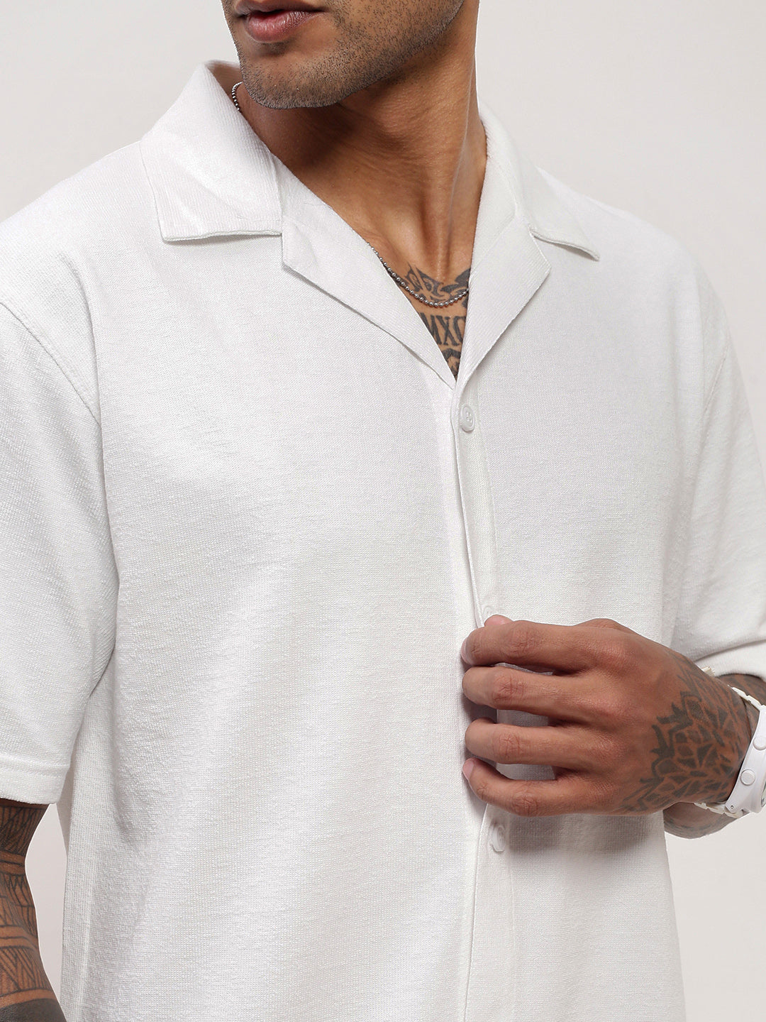 Men White Solid Cuban Collar Shirt