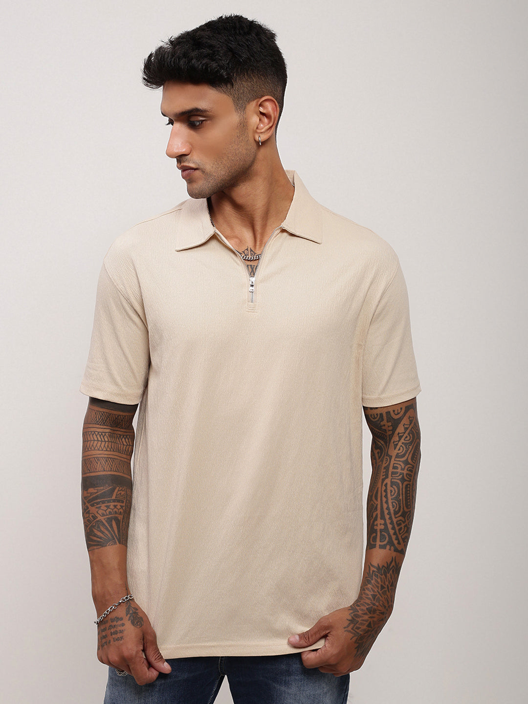 Men Cream Solid T Shirt