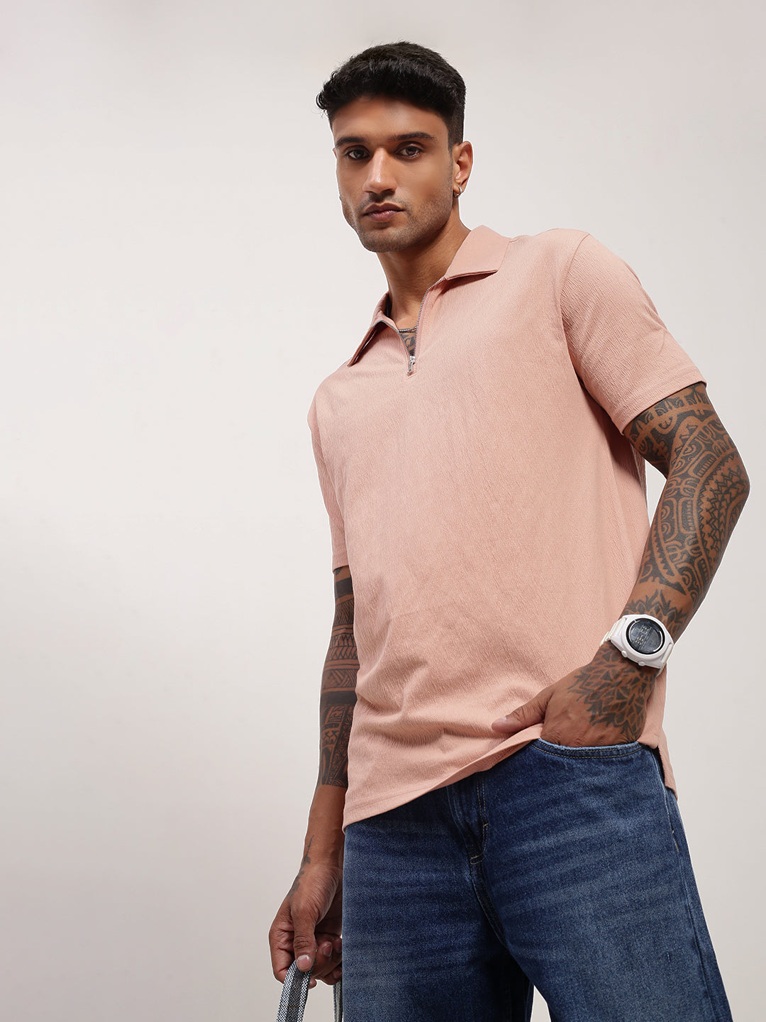 Men Peach Solid T Shirt