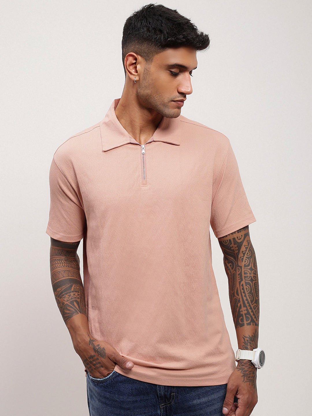 Men Peach Solid T Shirt