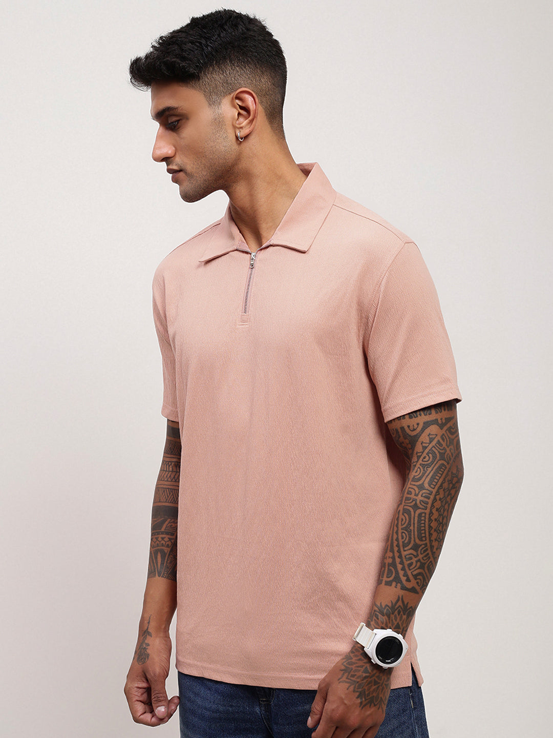 Men Peach Solid T Shirt