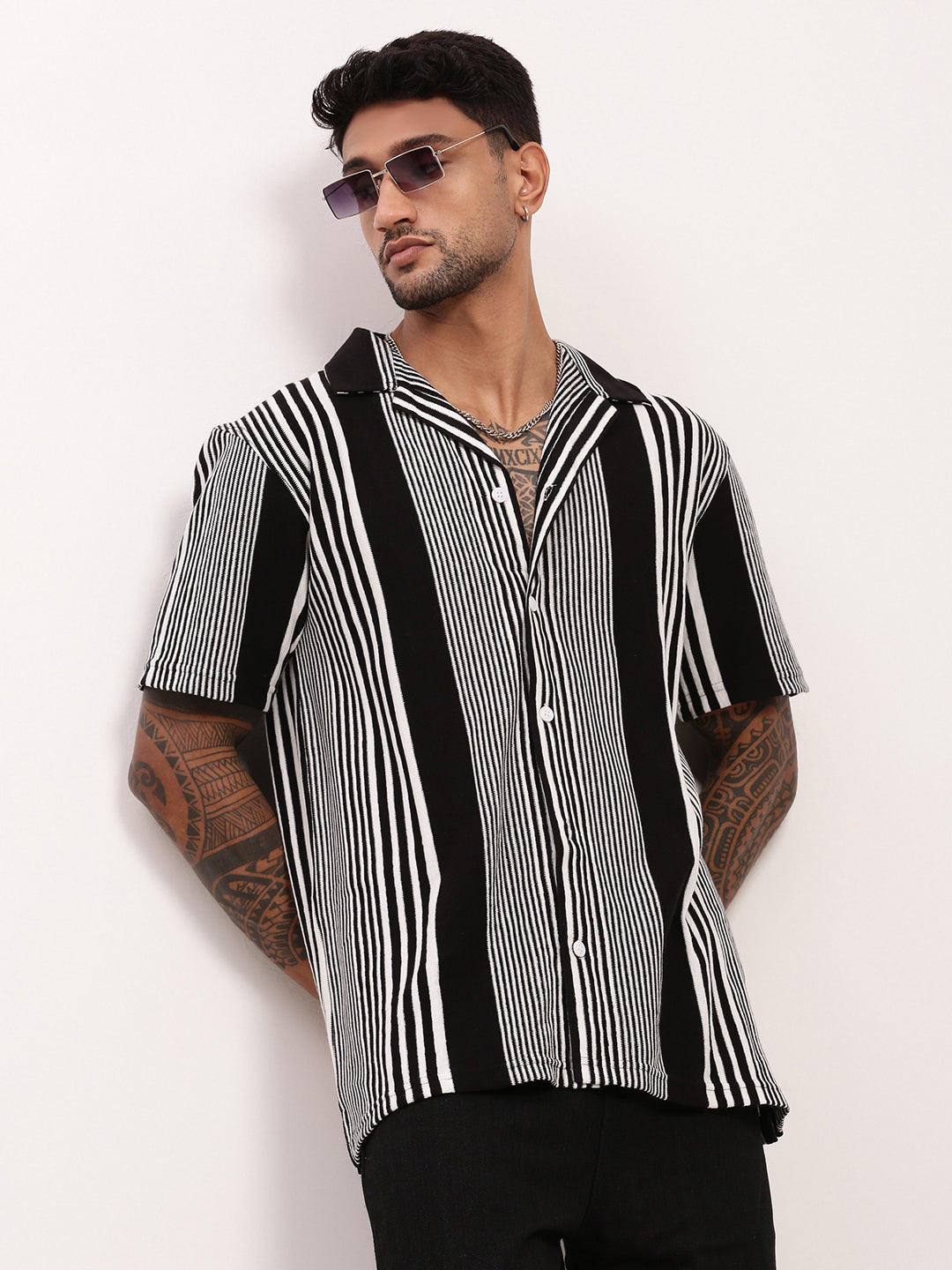 Men Black Striped Cuban Collar Shirt