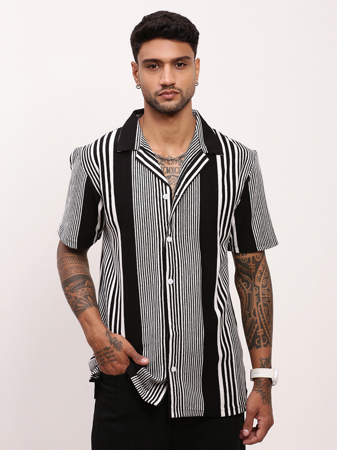 Men Black Striped Cuban Collar Shirt