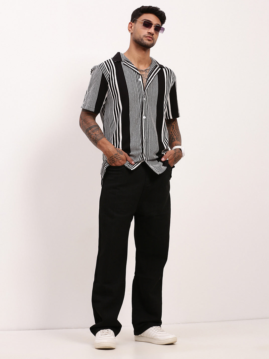 Men Black Striped Cuban Collar Shirt