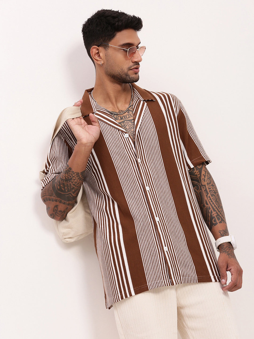 Men Brown Striped Cuban Collar Shirt