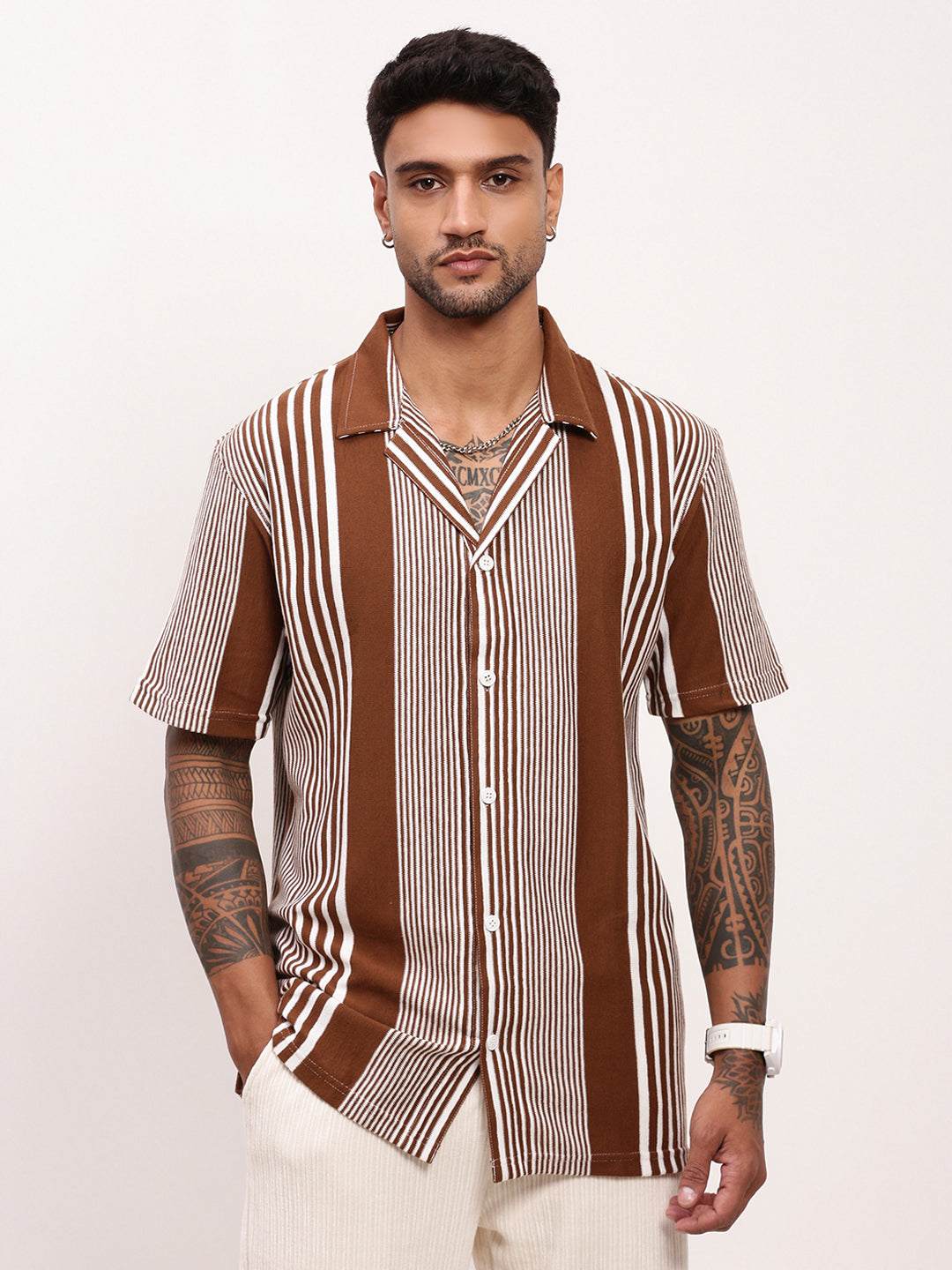 Men Brown Striped Cuban Collar Shirt