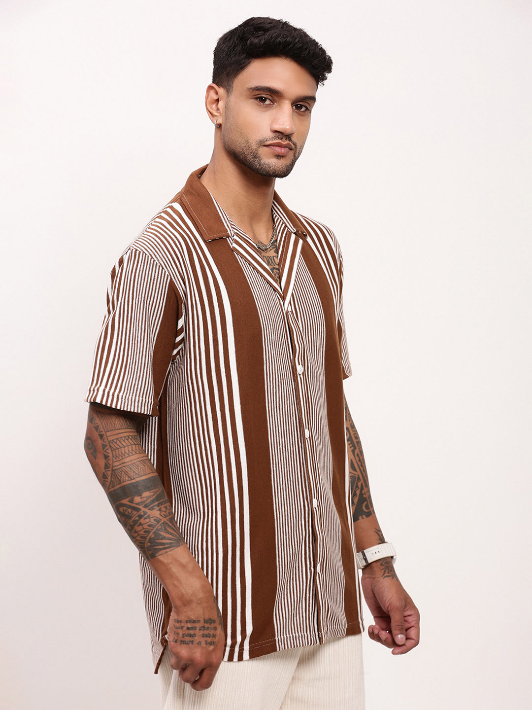 Men Brown Striped Cuban Collar Shirt