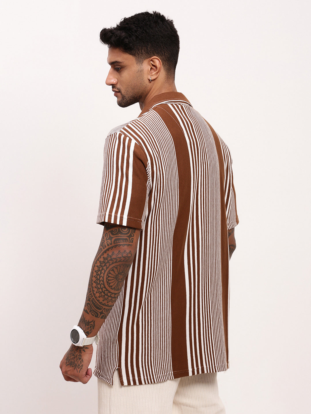 Men Brown Striped Cuban Collar Shirt