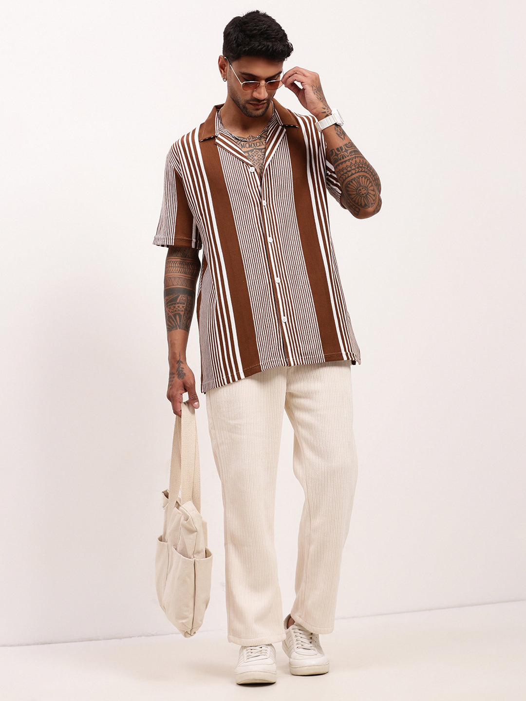 Men Brown Striped Cuban Collar Shirt