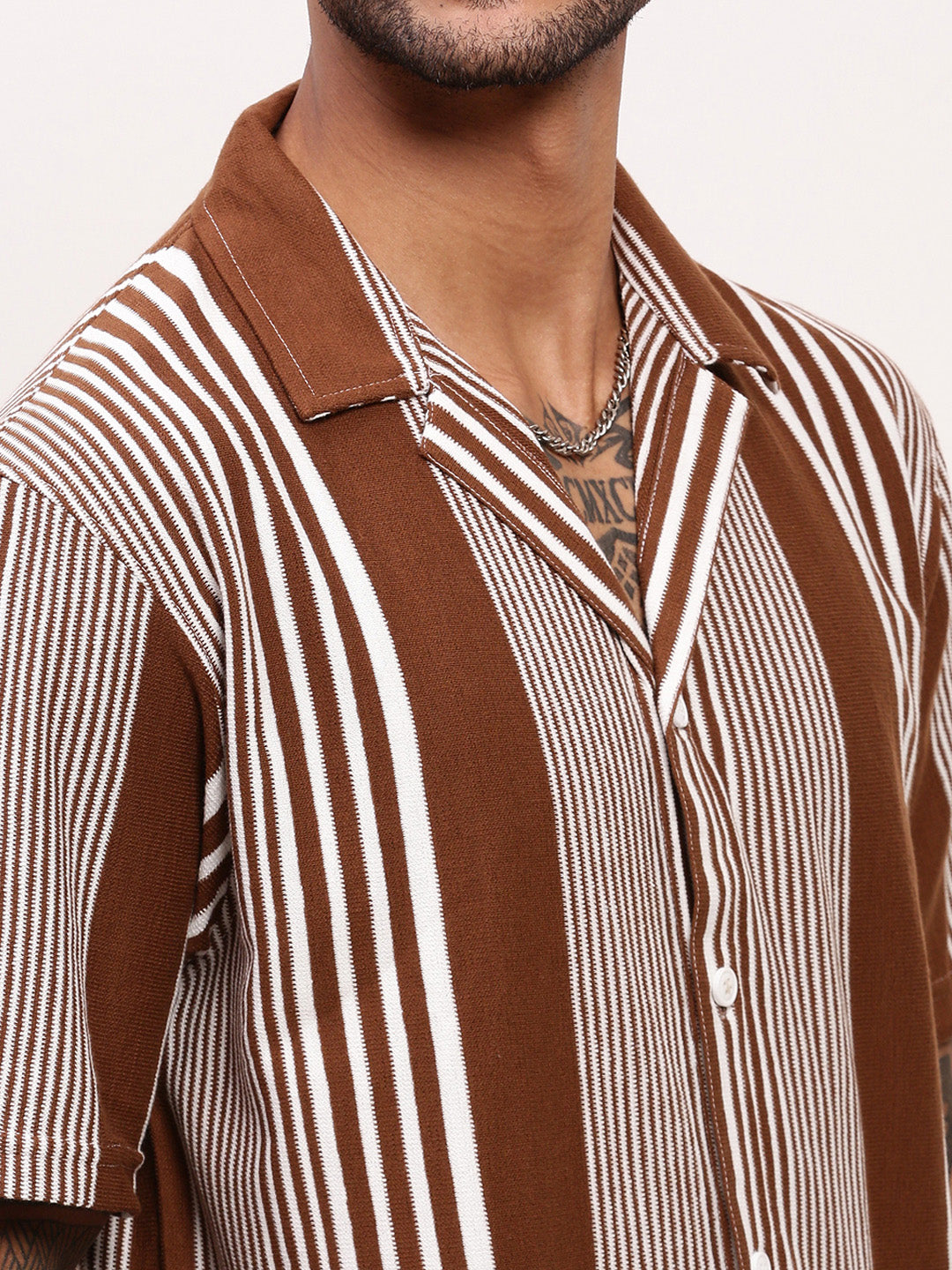 Men Brown Striped Cuban Collar Shirt