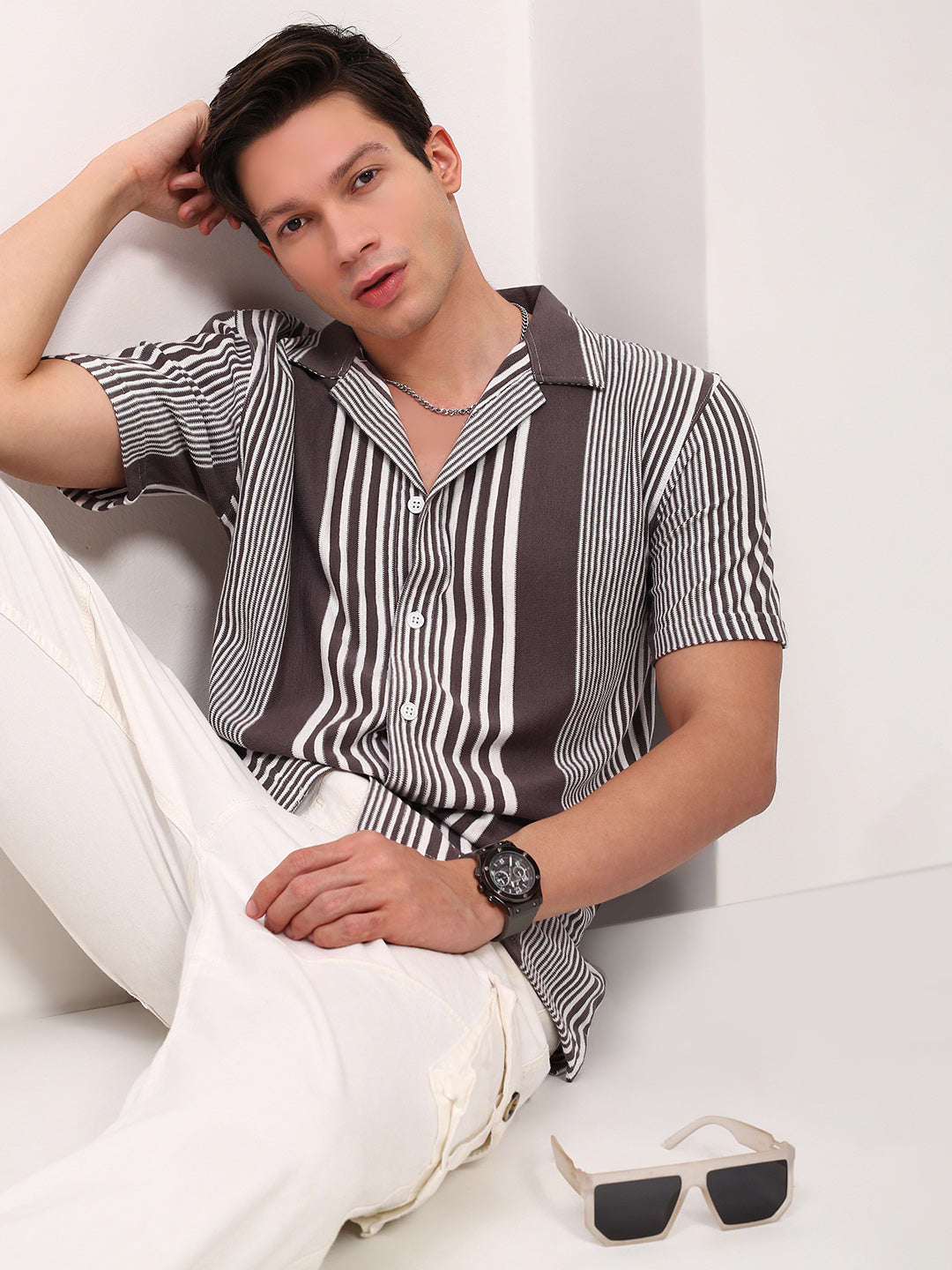 Men Grey Striped Cuban Collar Shirt