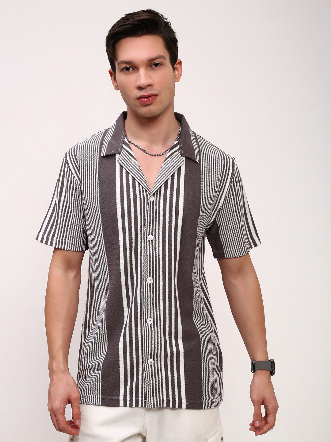 Men Grey Striped Cuban Collar Shirt