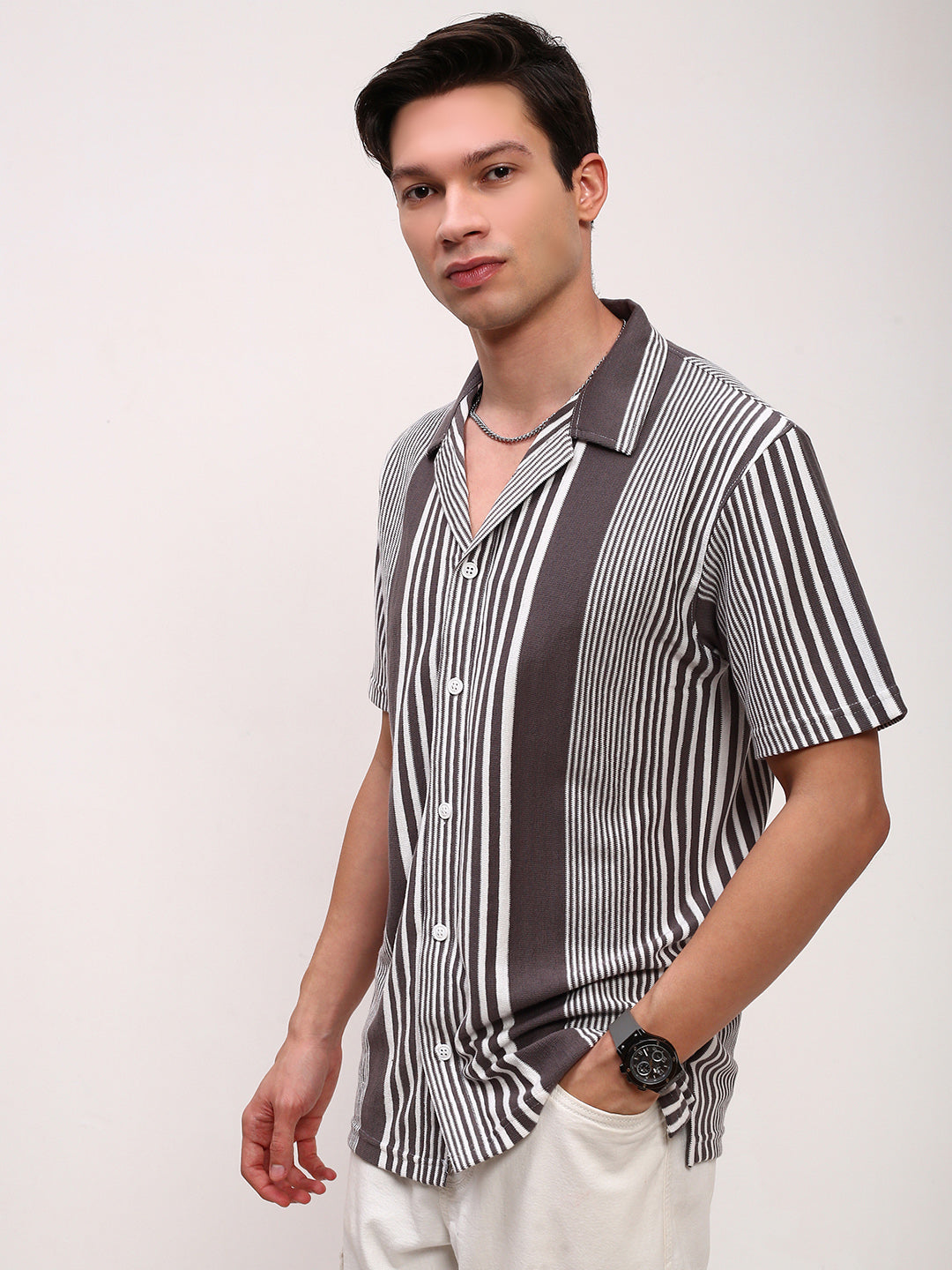 Men Grey Striped Cuban Collar Shirt