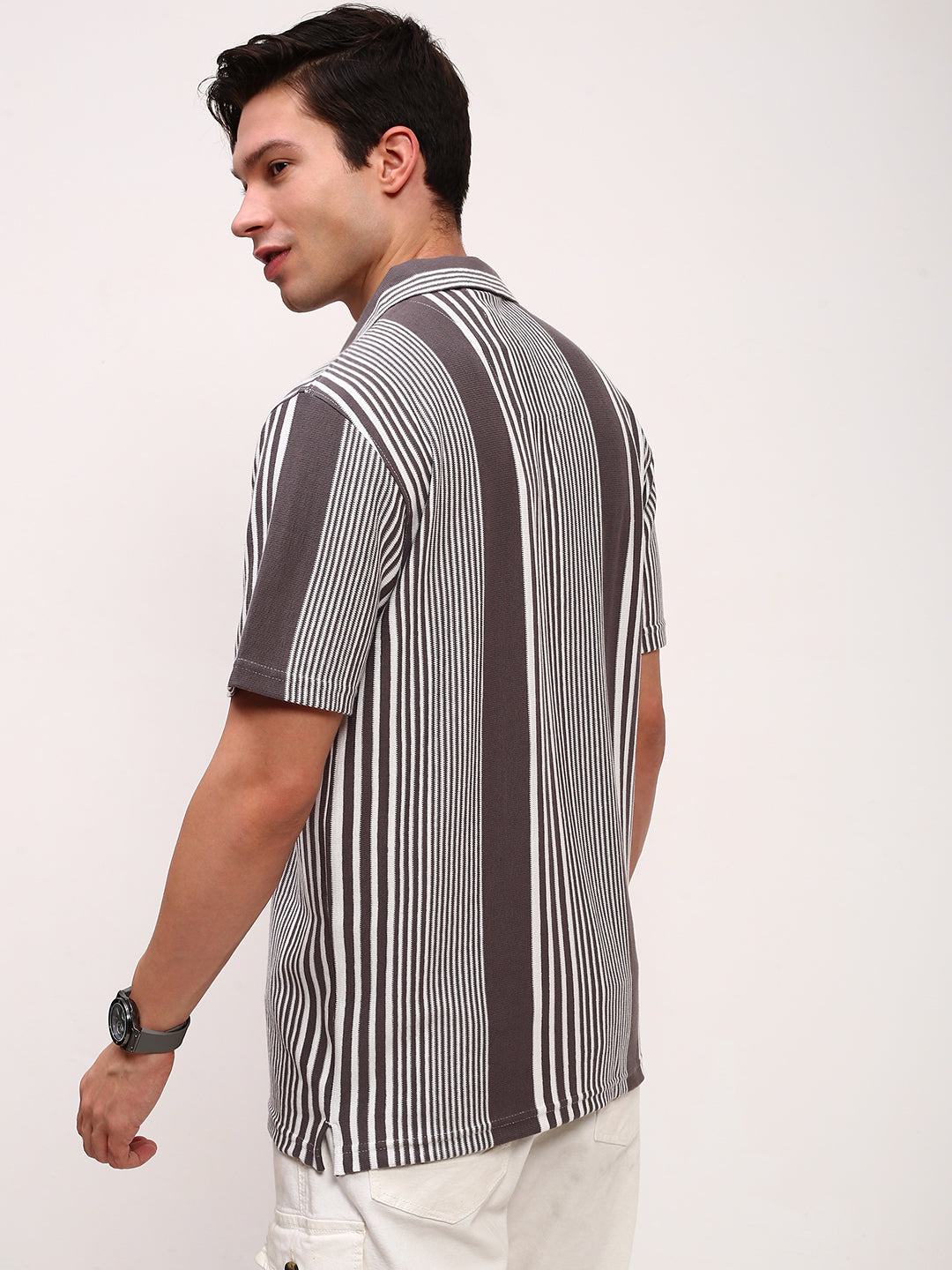 Men Grey Striped Cuban Collar Shirt