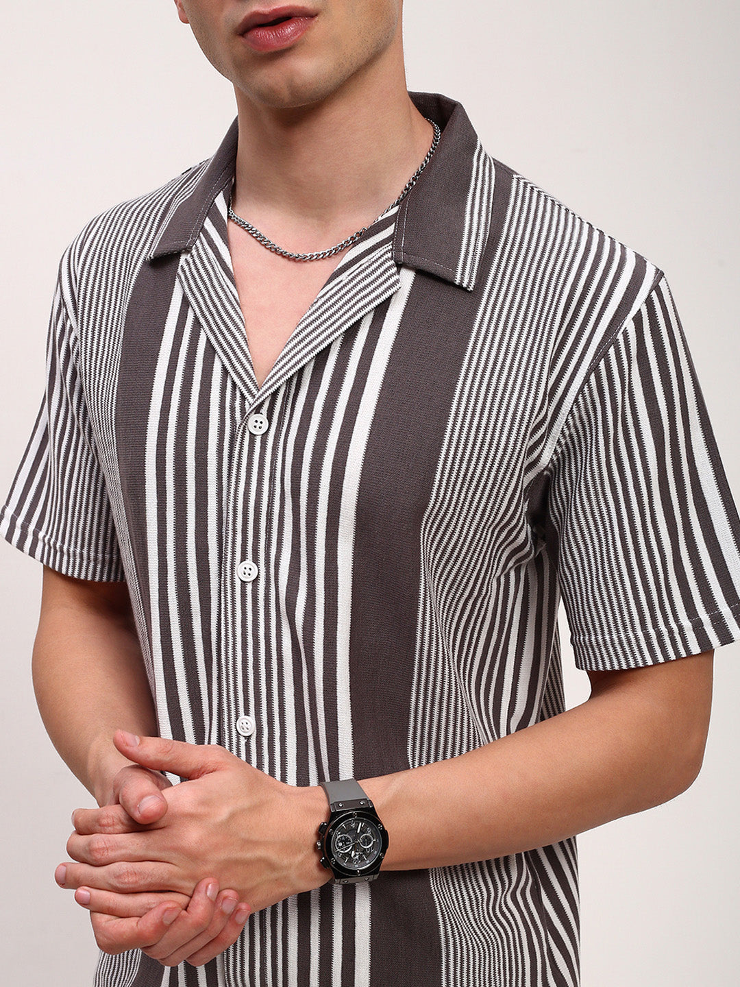 Men Grey Striped Cuban Collar Shirt