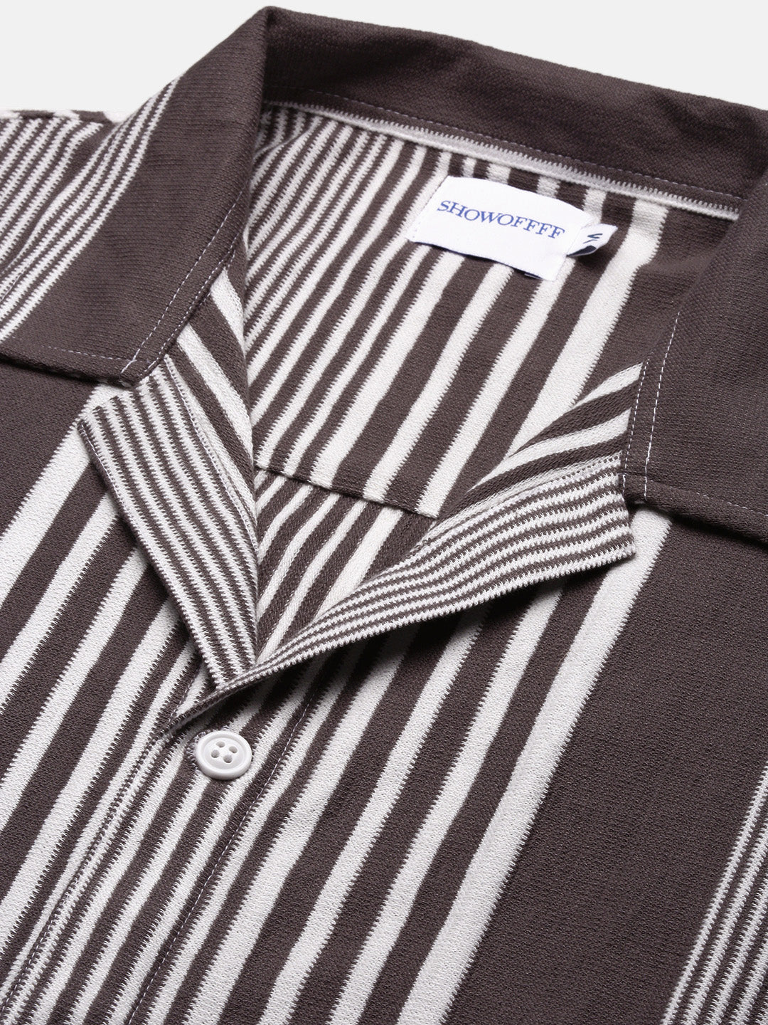 Men Grey Striped Cuban Collar Shirt