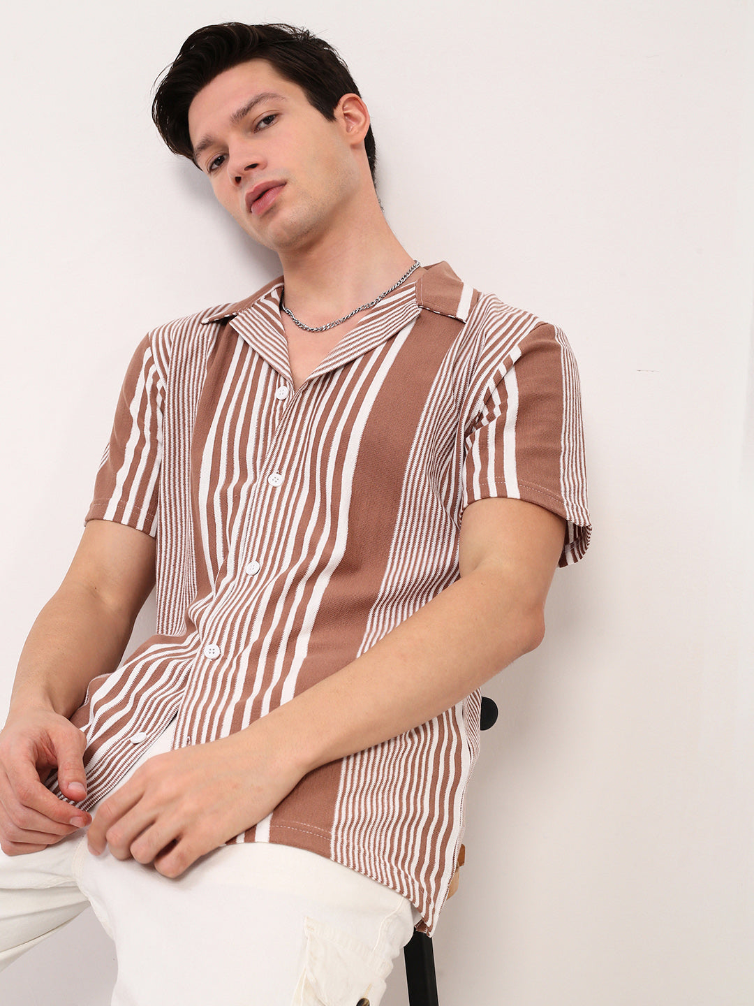 Men Brown Striped Cuban Collar Shirt