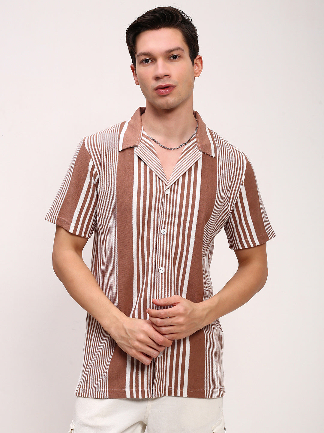 Men Brown Striped Cuban Collar Shirt