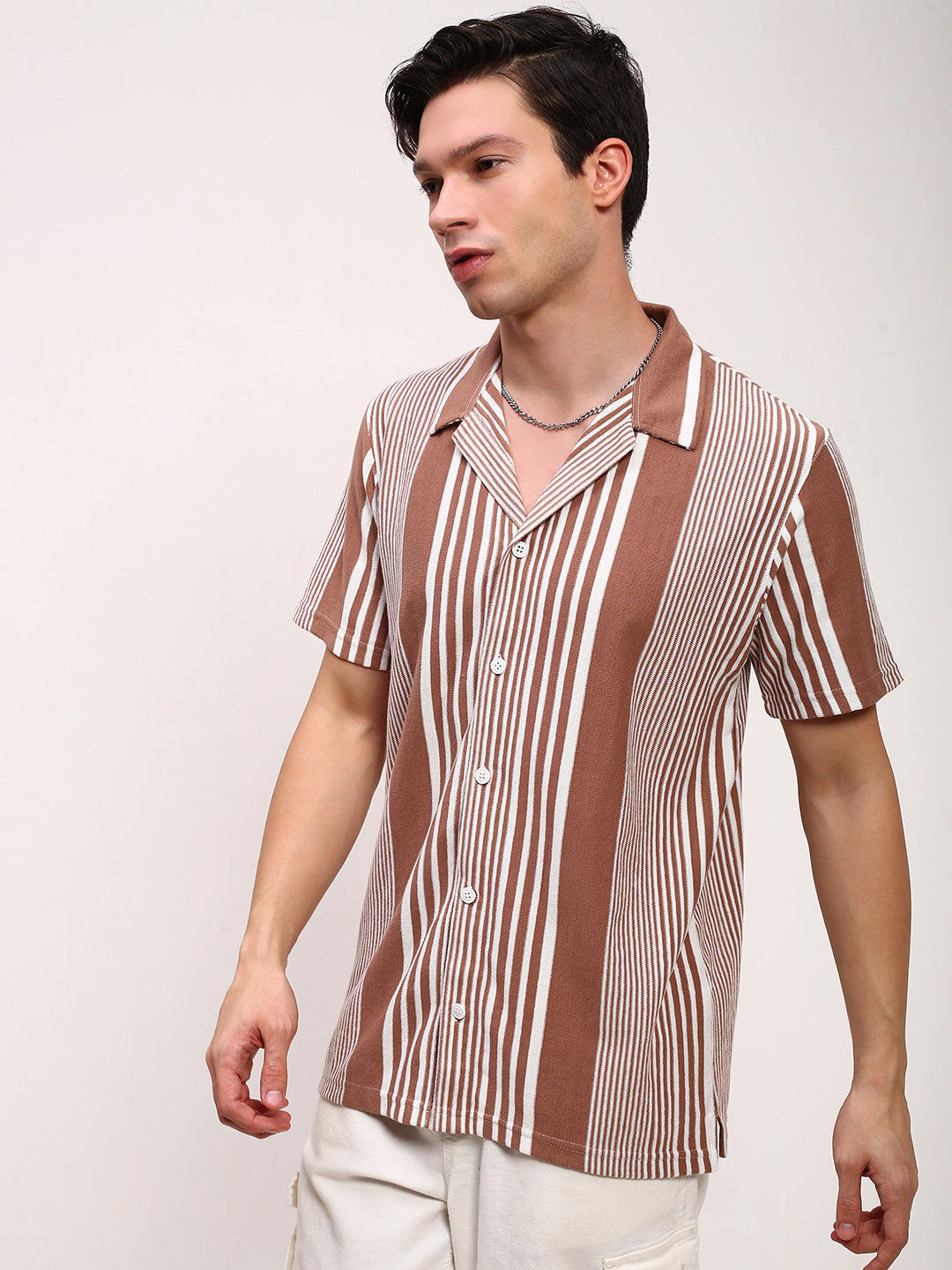 Men Brown Striped Cuban Collar Shirt