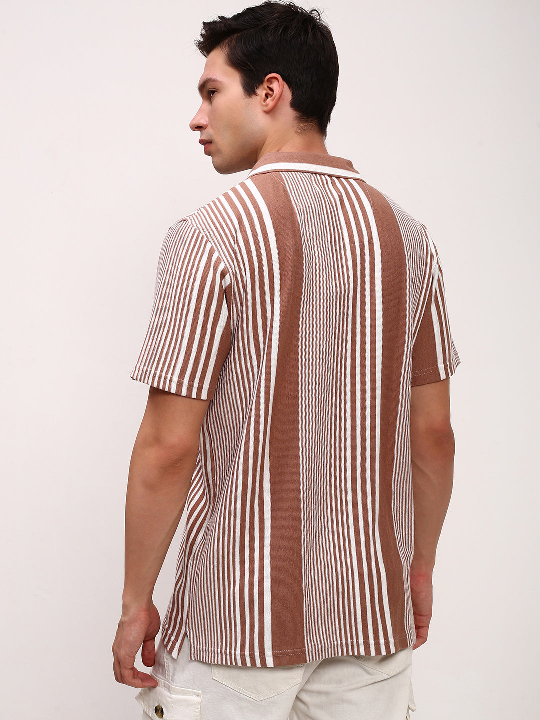 Men Brown Striped Cuban Collar Shirt