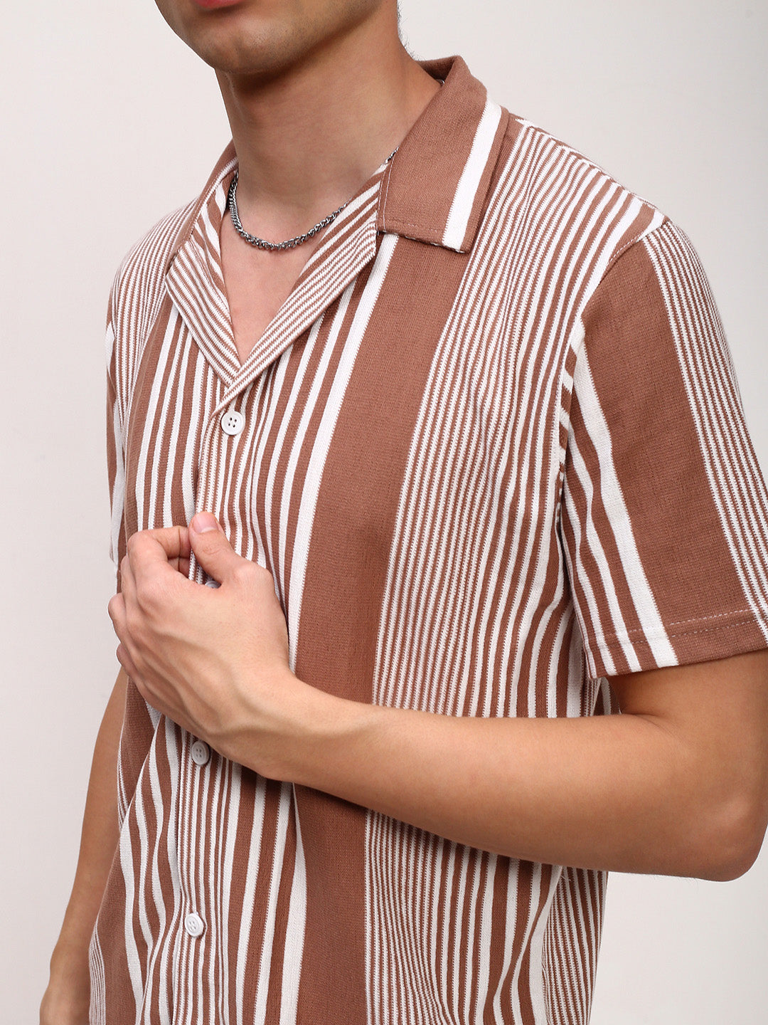 Men Brown Striped Cuban Collar Shirt