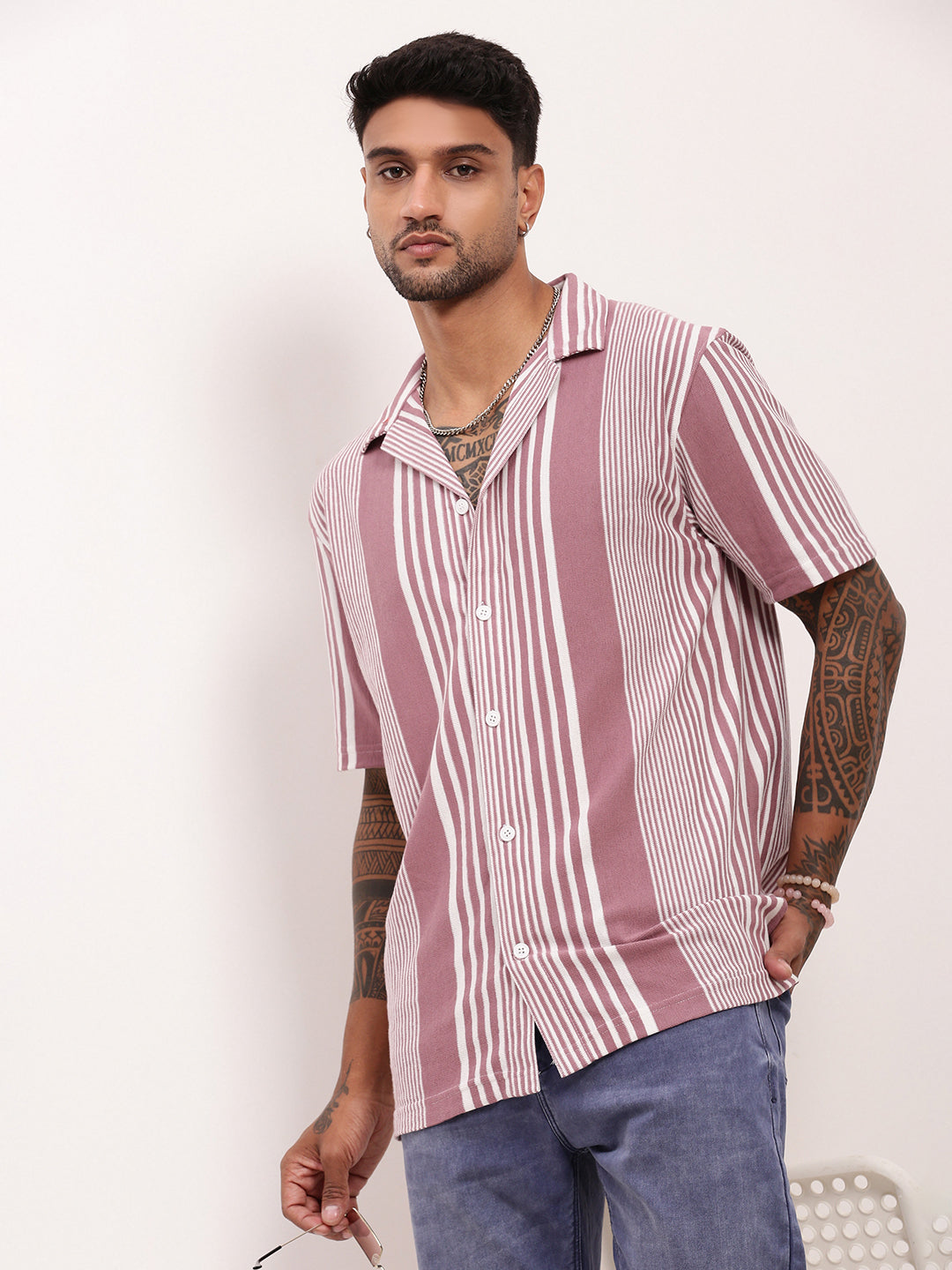 Men Purple Striped Cuban Collar Shirt