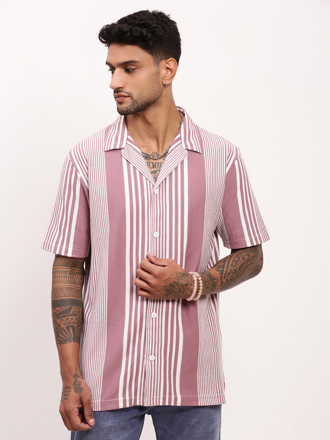 Men Purple Striped Cuban Collar Shirt