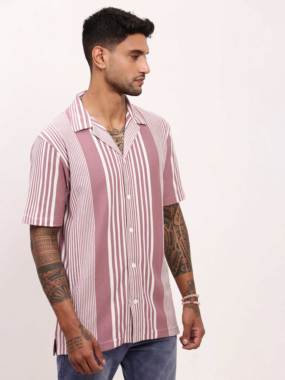 Men Purple Striped Cuban Collar Shirt