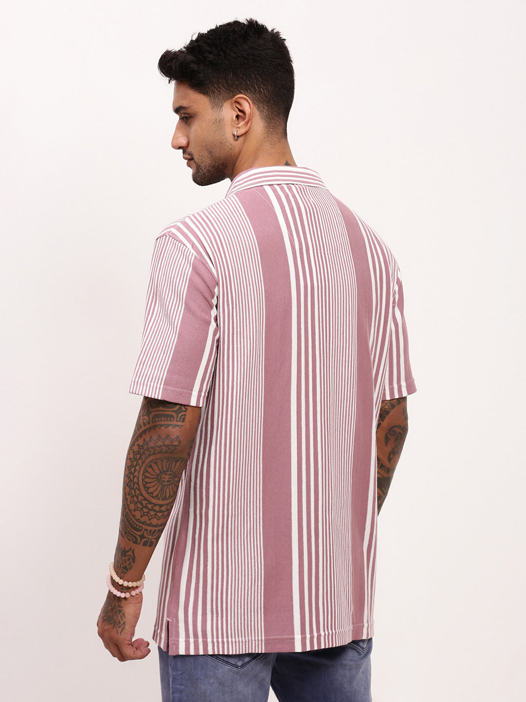 Men Purple Striped Cuban Collar Shirt