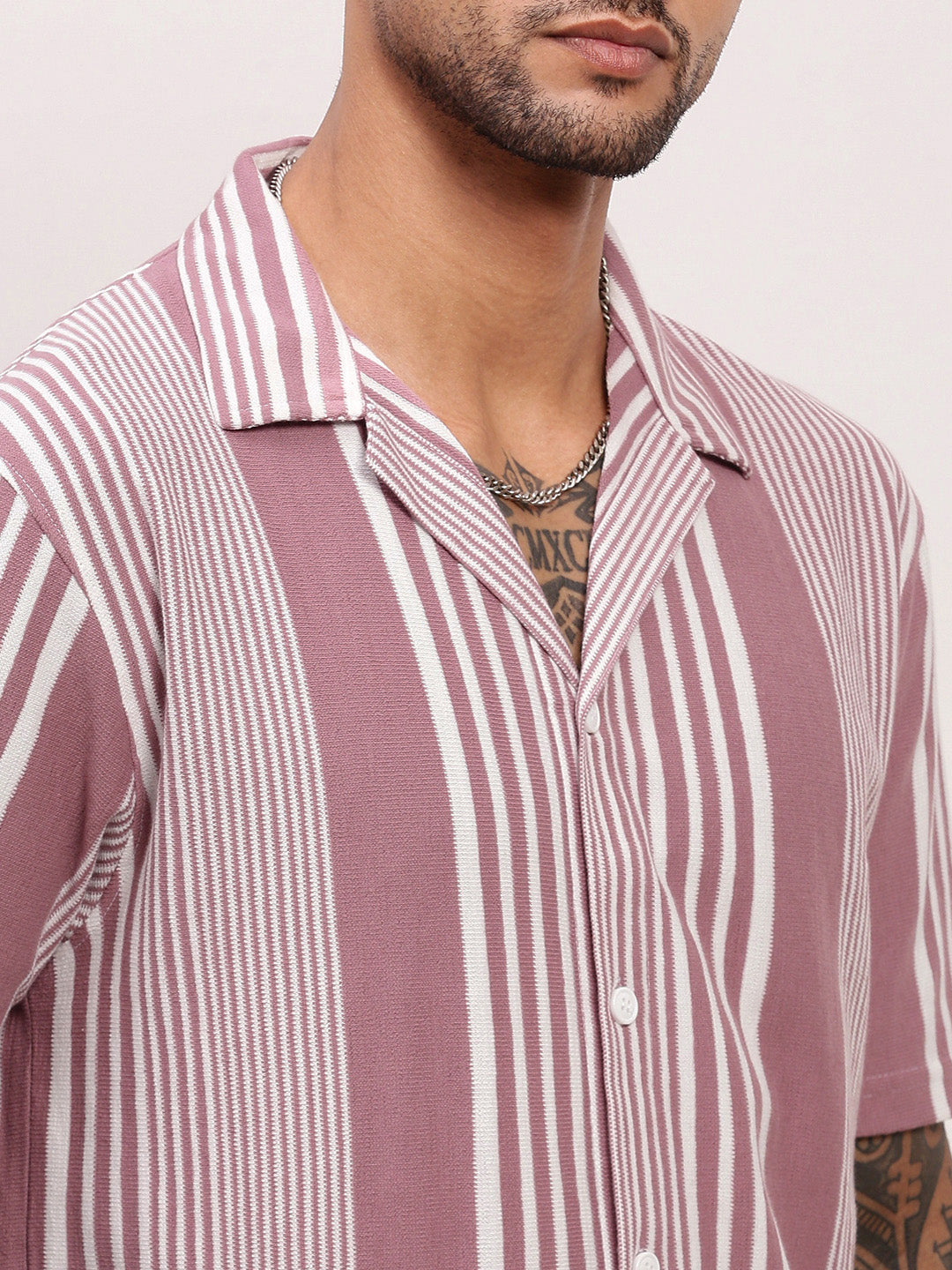 Men Purple Striped Cuban Collar Shirt