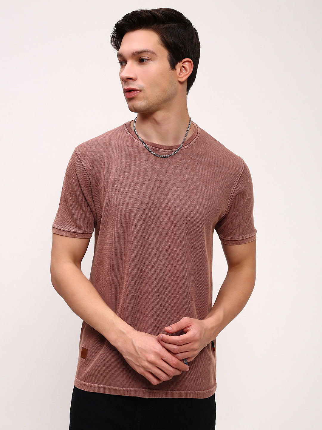 Men Peach Solid T Shirt