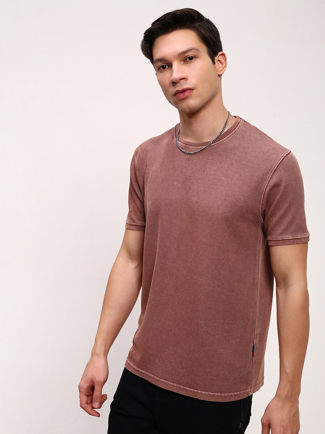 Men Peach Solid T Shirt