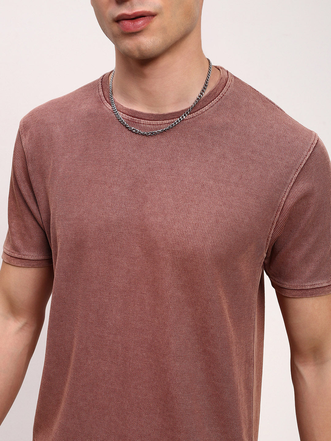 Men Peach Solid T Shirt