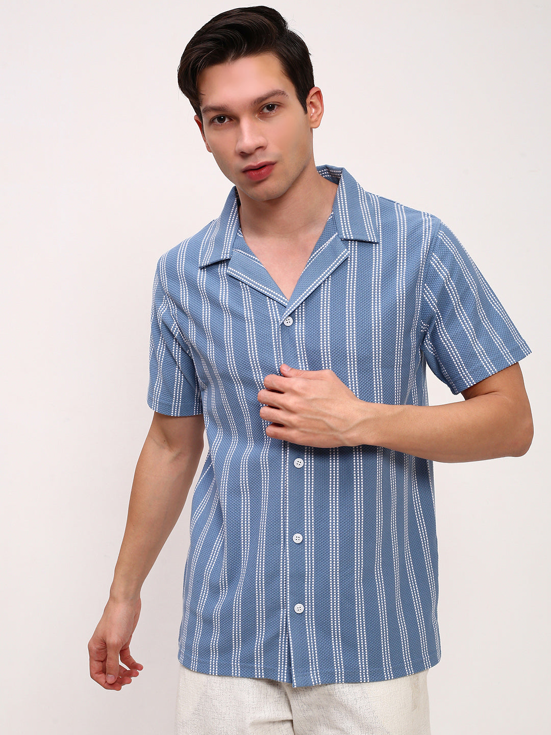 Men Blue Striped Cuban Collar Shirt