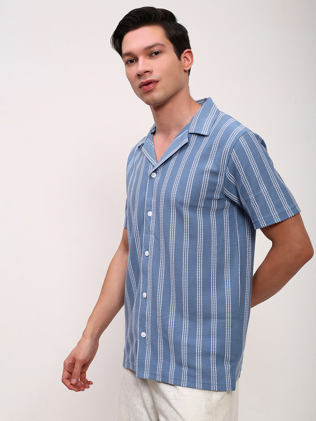 Men Blue Striped Cuban Collar Shirt