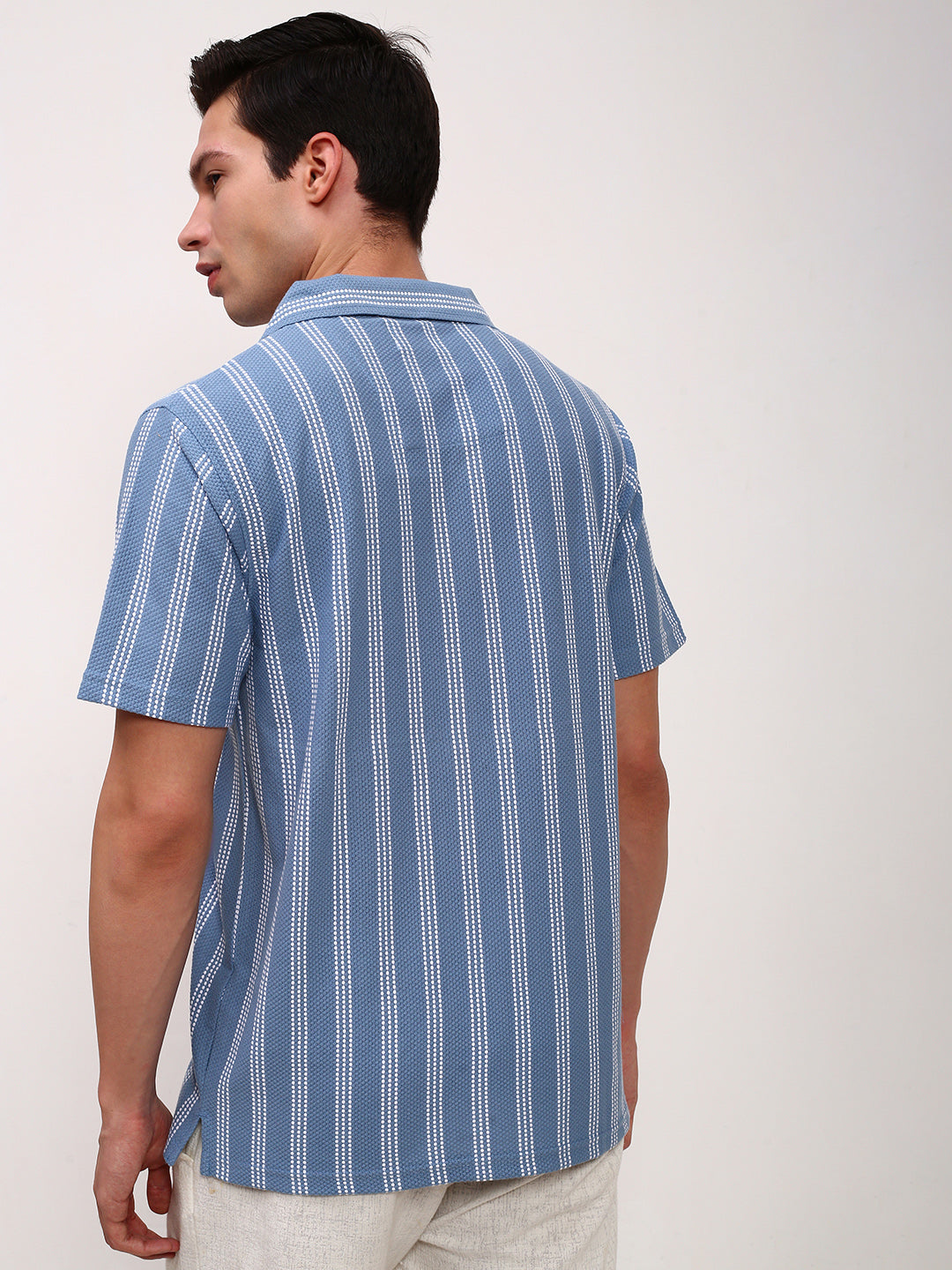 Men Blue Striped Cuban Collar Shirt