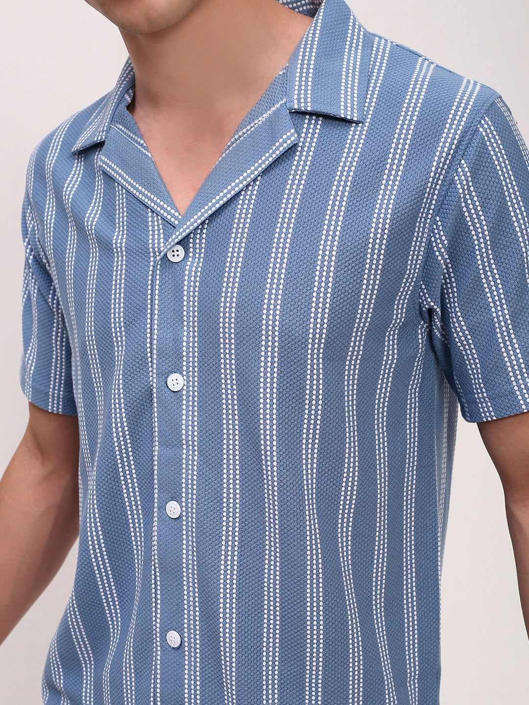 Men Blue Striped Cuban Collar Shirt