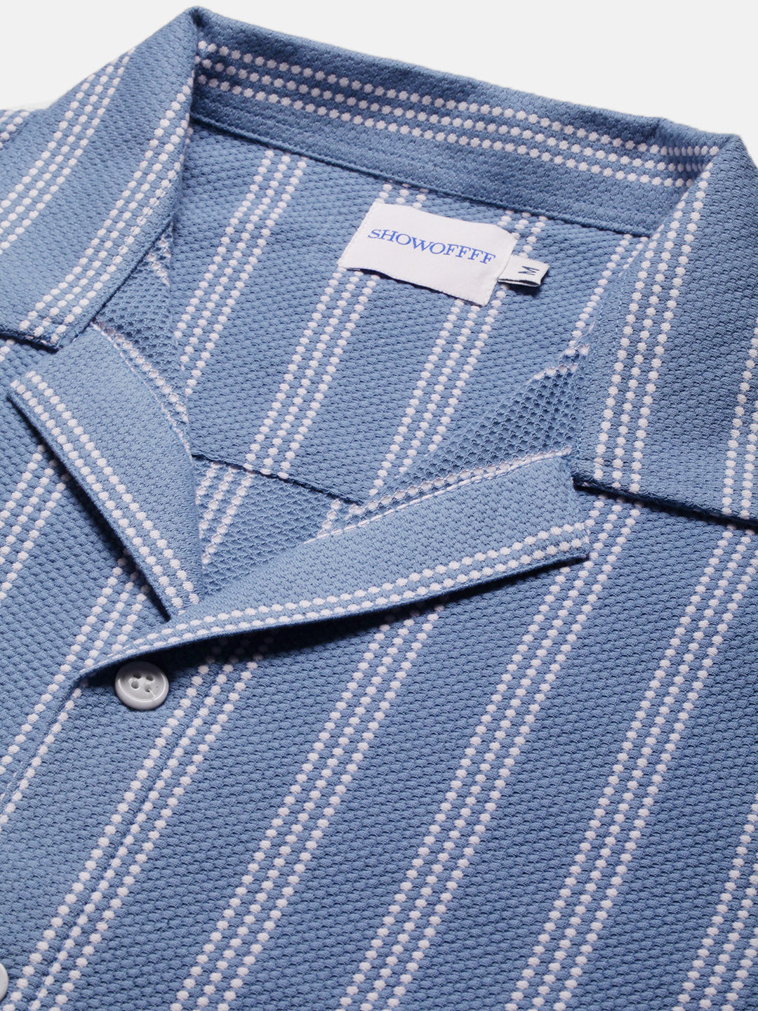 Men Blue Striped Cuban Collar Shirt