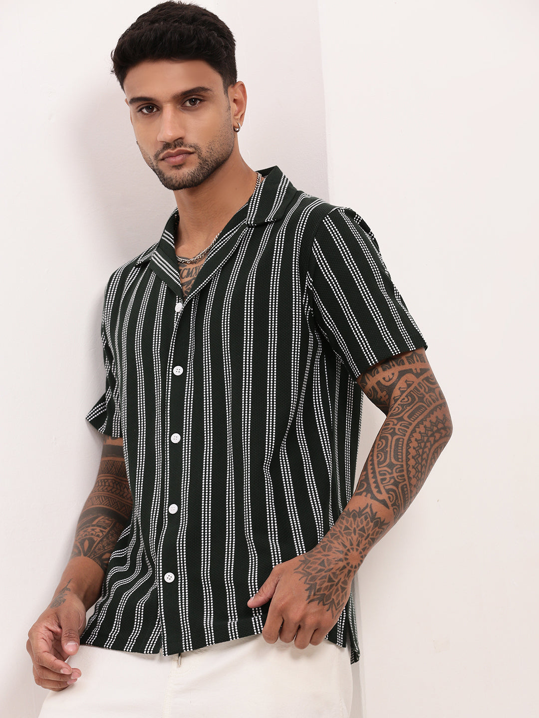 Men Green Striped Cuban Collar Shirt